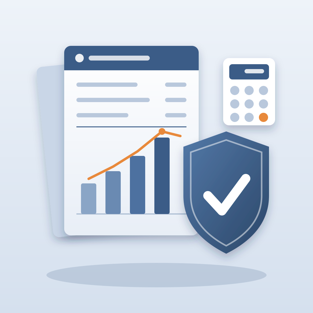 A bid sheet with a rising bar chart and profit line, a calculator, and a large blue shield with a checkmark representing defended numbers and a profitable job.