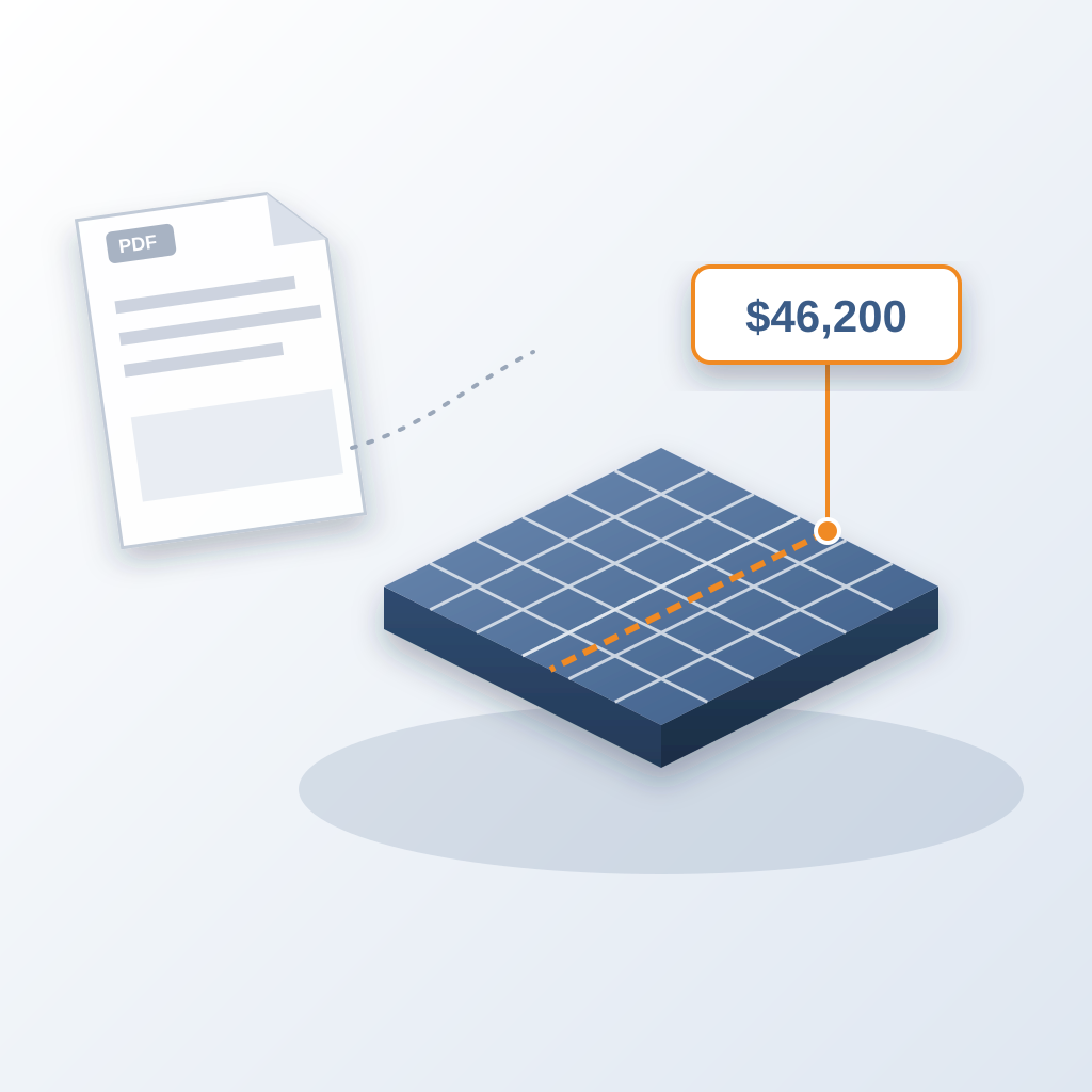 A floating flat PDF sheet on the left, while on the right an isometric building model with a shifted ceiling grid line has a price tag pinned directly to it.