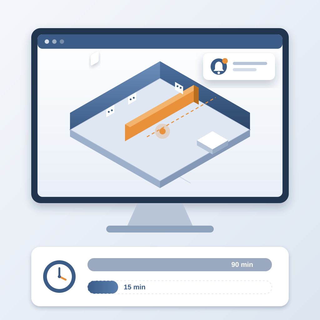 A monitor showing an isometric building model with a moved wall highlighted in orange and outlets on the walls, a notification card above it, and below it a sho