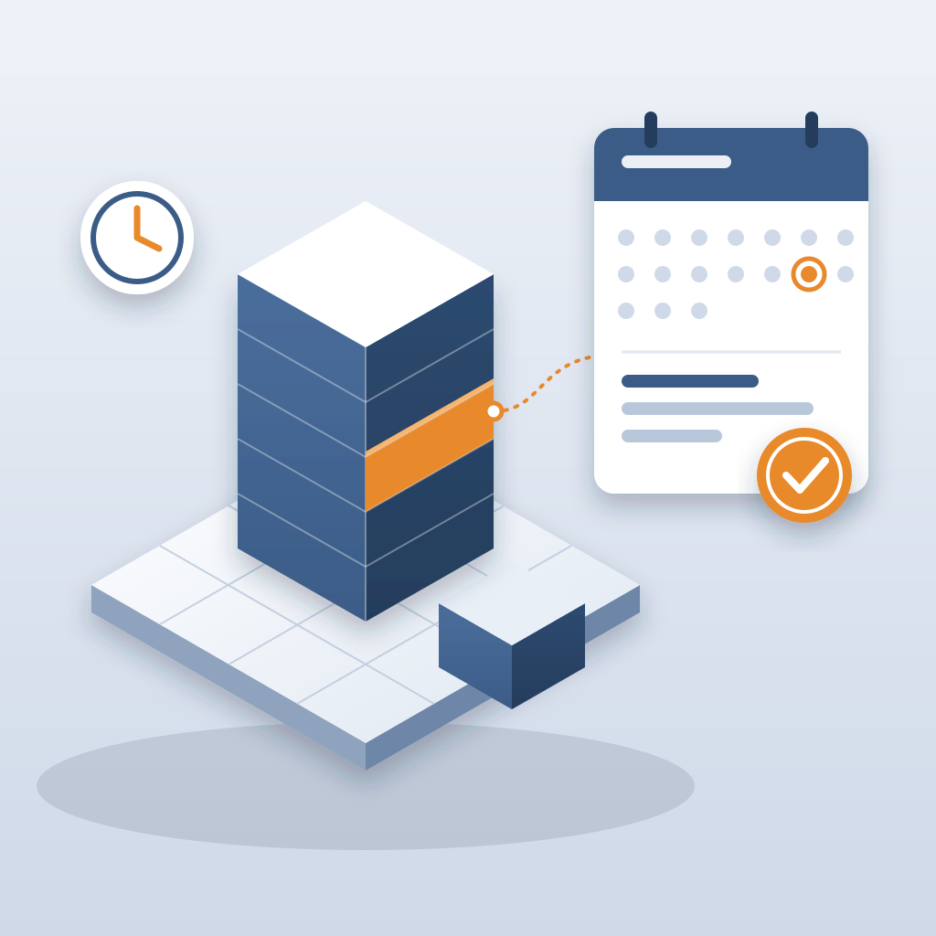 An isometric building model with one floor highlighted in orange, linked by a dotted line to a dated calendar record card with a check-mark stamp and a clock.