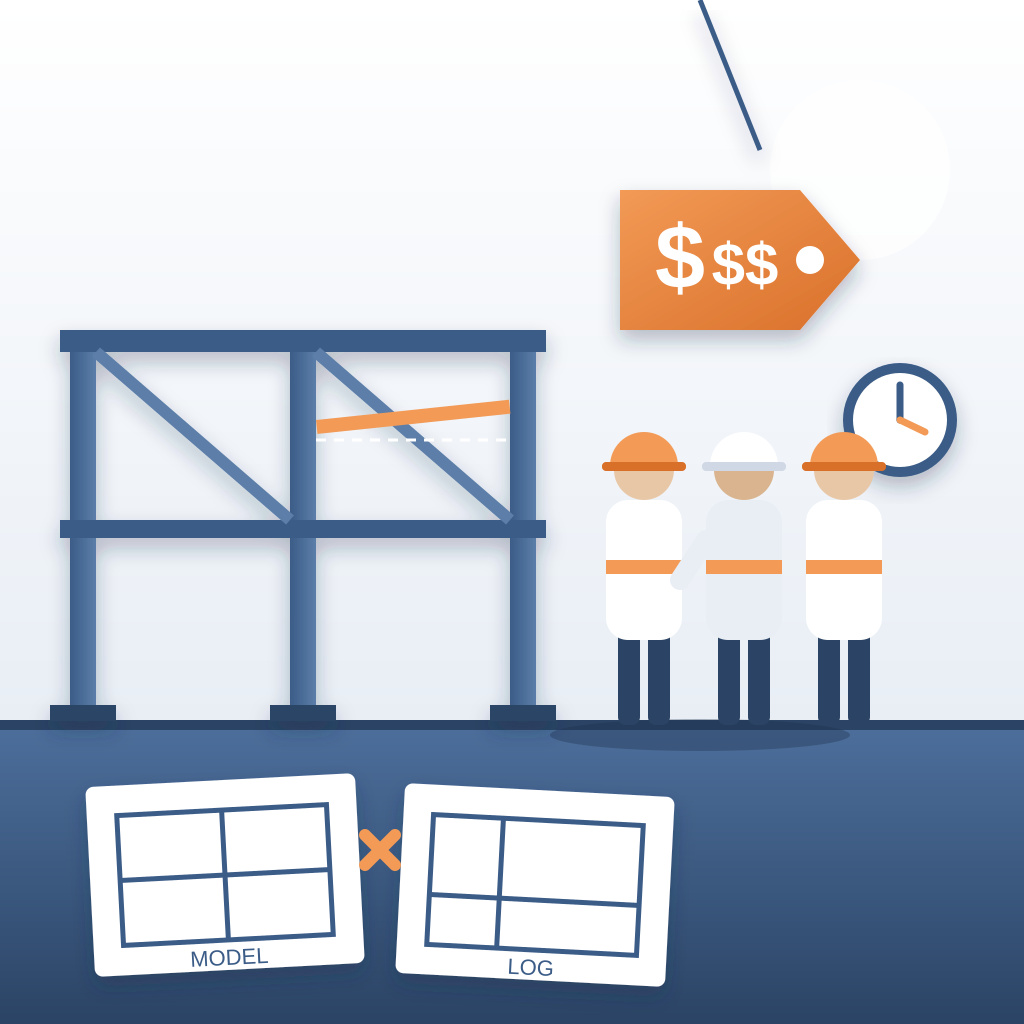 A steel frame with a misaligned beam, mismatched model and log drawings, three idle hard-hatted workers, a clock, and a large orange dollar price tag.