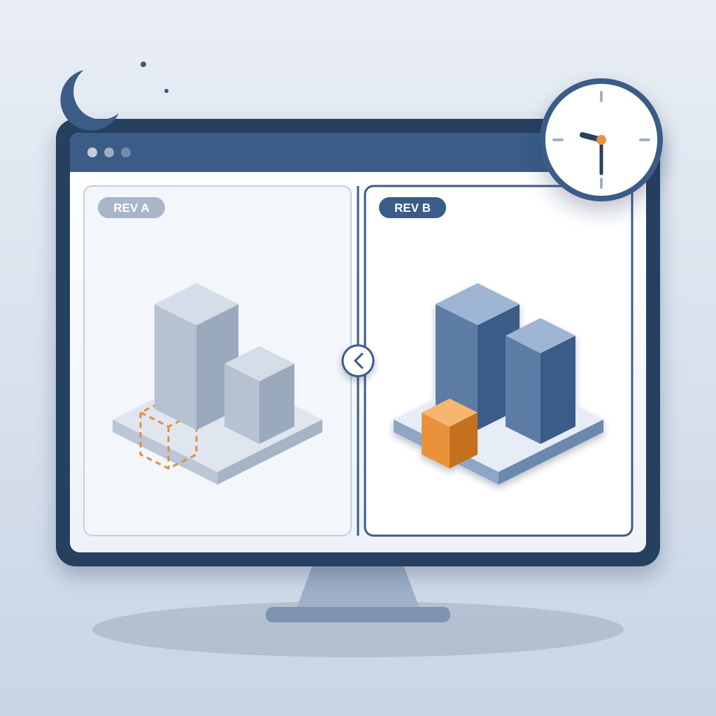 Two isometric building models on a monitor, the older revision in grey beside the new blue one with an added orange wing, and a clock showing 9:30 under a moon.