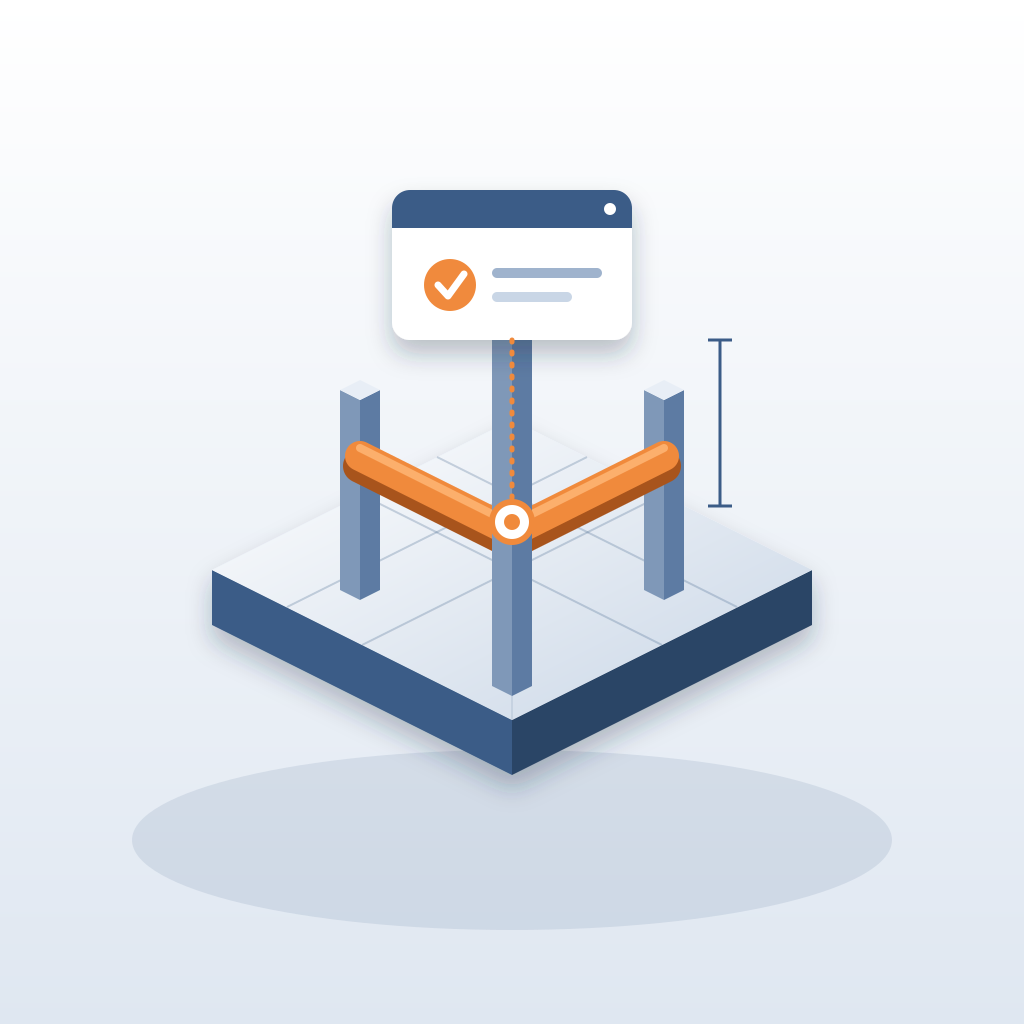 Isometric building model with an orange duct run, where a checked answer card is pinned directly onto the duct geometry with a short dotted link.