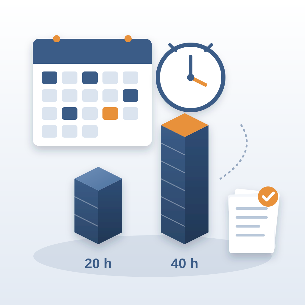A month calendar and clock beside two isometric bars, a shorter one for twenty hours and a taller orange-topped one for forty, next to a checked stack of bid pa