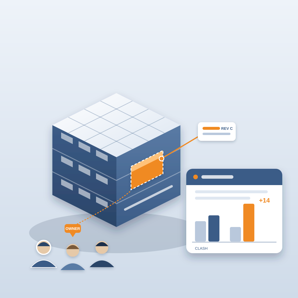 An isometric building model with one revised section highlighted in orange, linked to a team member marked as owner and a data card showing a before-and-after c