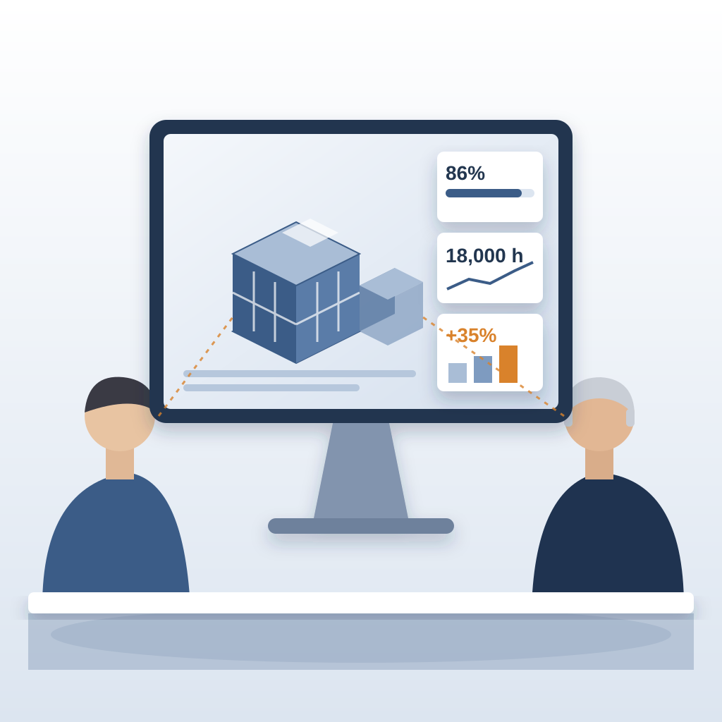 Two estimators, a young one and a gray-haired one, look at the same monitor showing a 3D building model in Revit beside tiles reading 86%, 18,000 h and +35%.