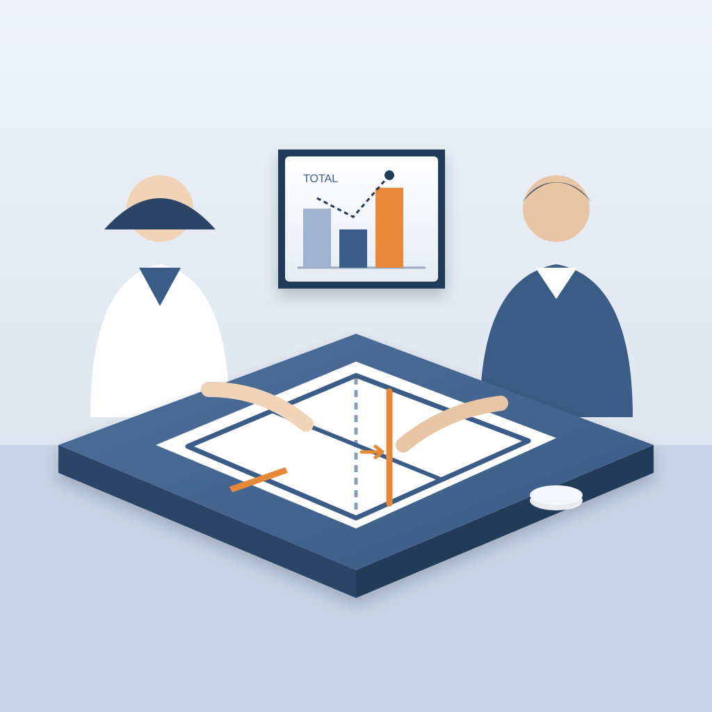 An architect and an estimator at a table with a floor plan where one wall is highlighted and shifted, while a screen above shows a bar chart of the total cost c