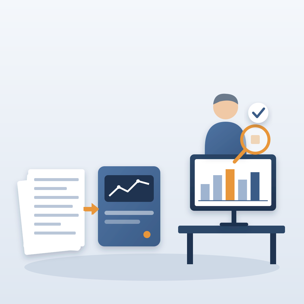Stack of paper documents feeds into a machine-learning box, while a senior estimator at a desk uses a magnifier on a highlighted bar in a cost chart.