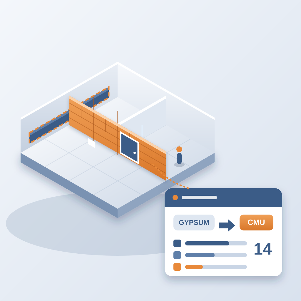 Isometric floor model with one partition wall highlighted orange as CMU, its touched door, duct and outlet outlined, and a change card showing gypsum swapped to