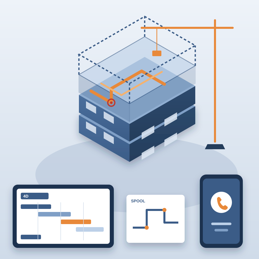 Isometric BIM building model with a crane, orange duct runs and a clash marker, beside a 4D schedule tablet, a pipe spool drawing and a phone showing a call but