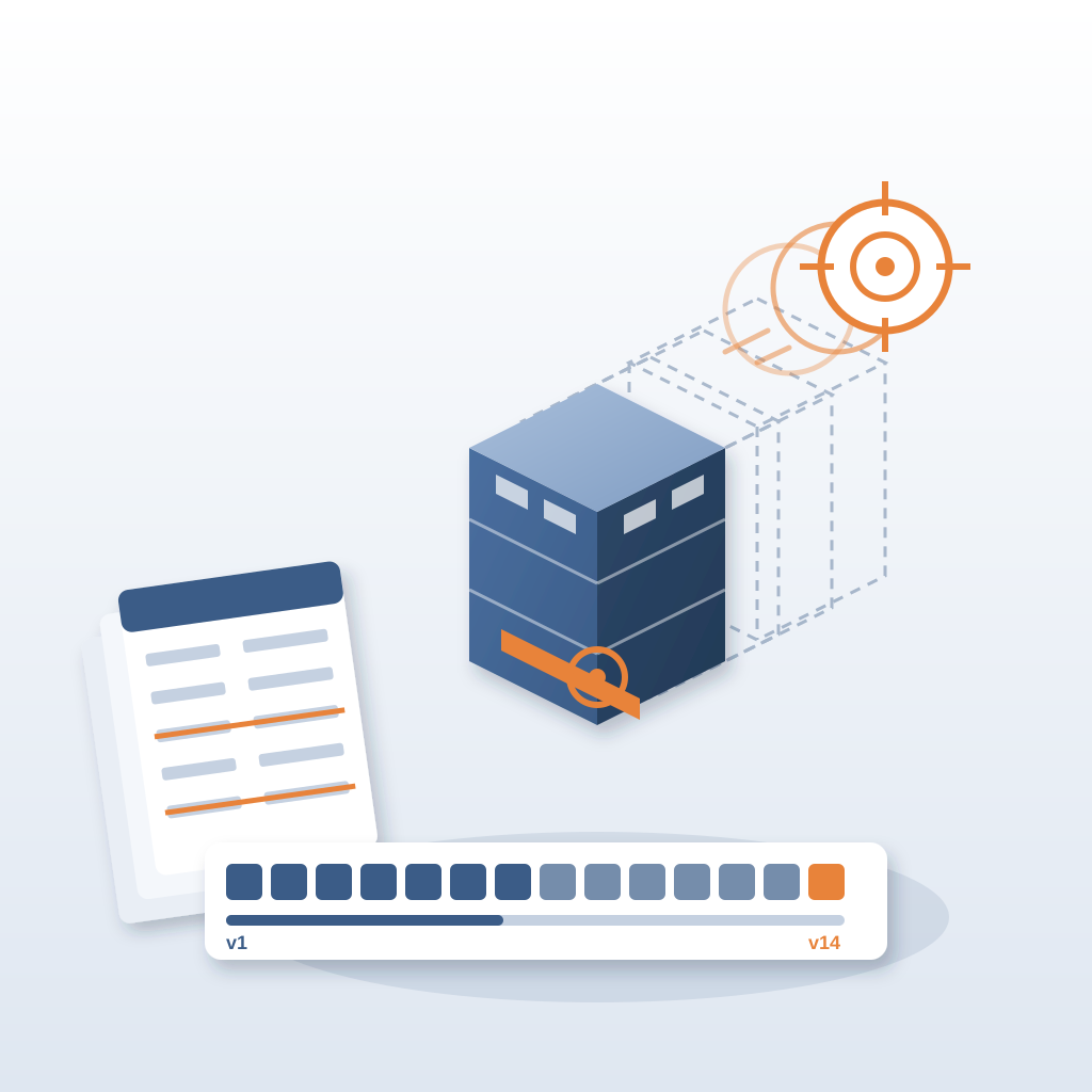 An isometric building model with faded dashed copies drifting away from it, a bullseye target sliding off to the side, stale spreadsheet lists on the left and a