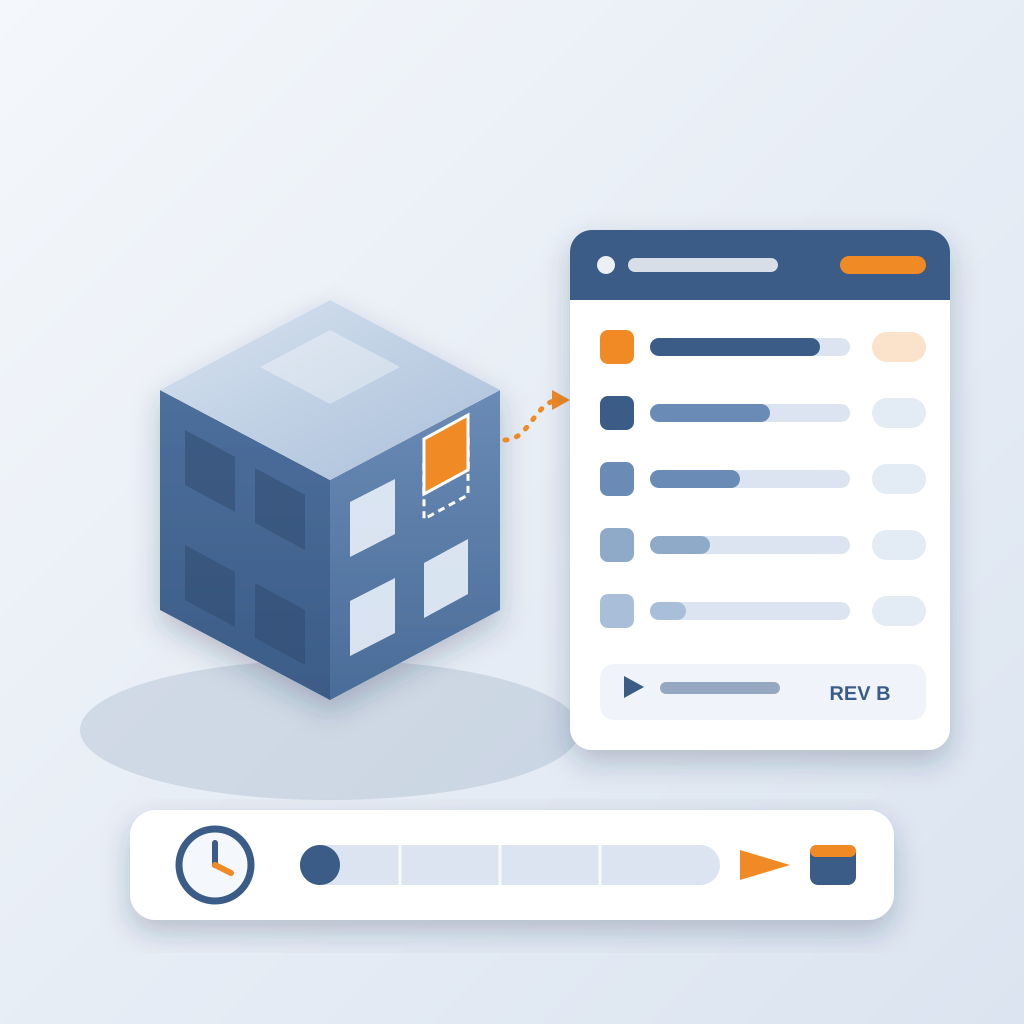 An isometric building model with one shifted window highlighted in orange, linked to a comparison card listing changed elements by category, above a clock and p
