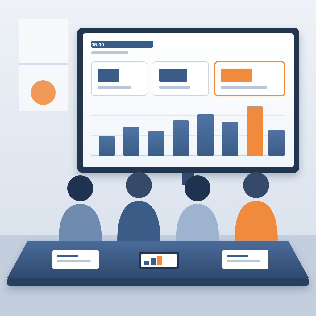 A team seen from behind around a meeting table, facing a large wall screen showing a morning digest of KPI tiles and a bar chart with one highlighted orange bar