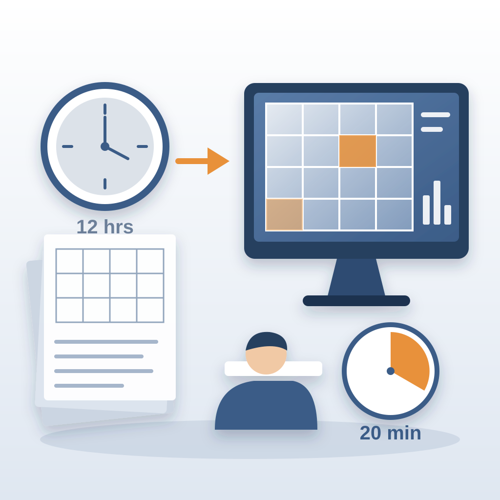 A large clock labelled 12 hrs beside a pile of paper drawings, with an arrow to an estimator at a monitor showing a curtain wall grid and a small clock marked 2