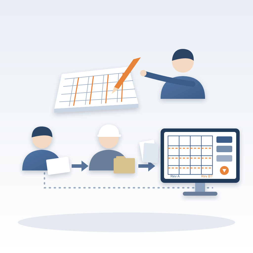 A drawing set passes from an architect to a general contractor to an estimating team's screen, while a designer at the top still revises a sheet with shifted or