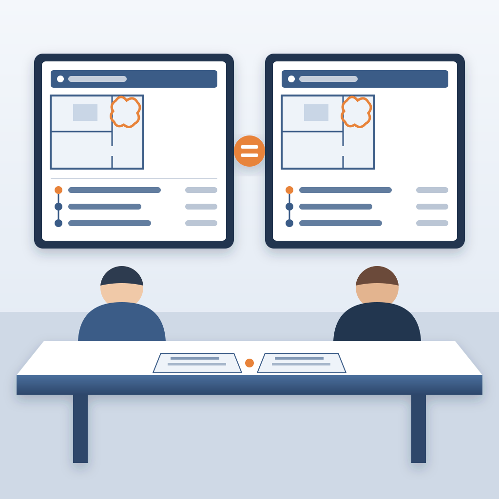 Two matching screens at a closeout meeting table show the same floor plan, orange revision cloud and revision list, linked by an equals sign, with two people se