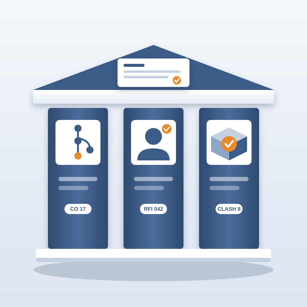 A record slab with a document card held up by three blue pillars showing a change timeline, an owner badge and a checked model view.