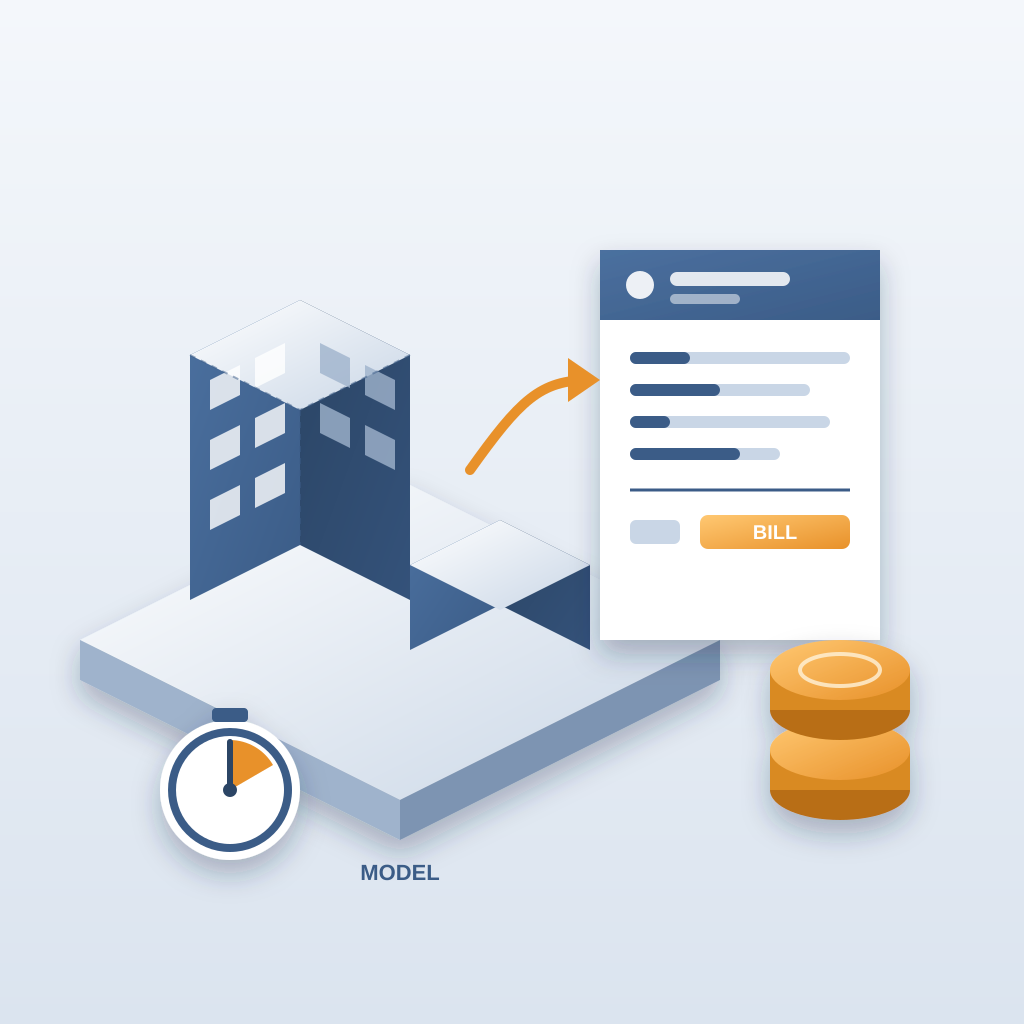 An isometric 3D building model on a platform with an arrow leading to an invoice marked BILL, a stack of gold coins and a fast stopwatch, showing an estimate tu