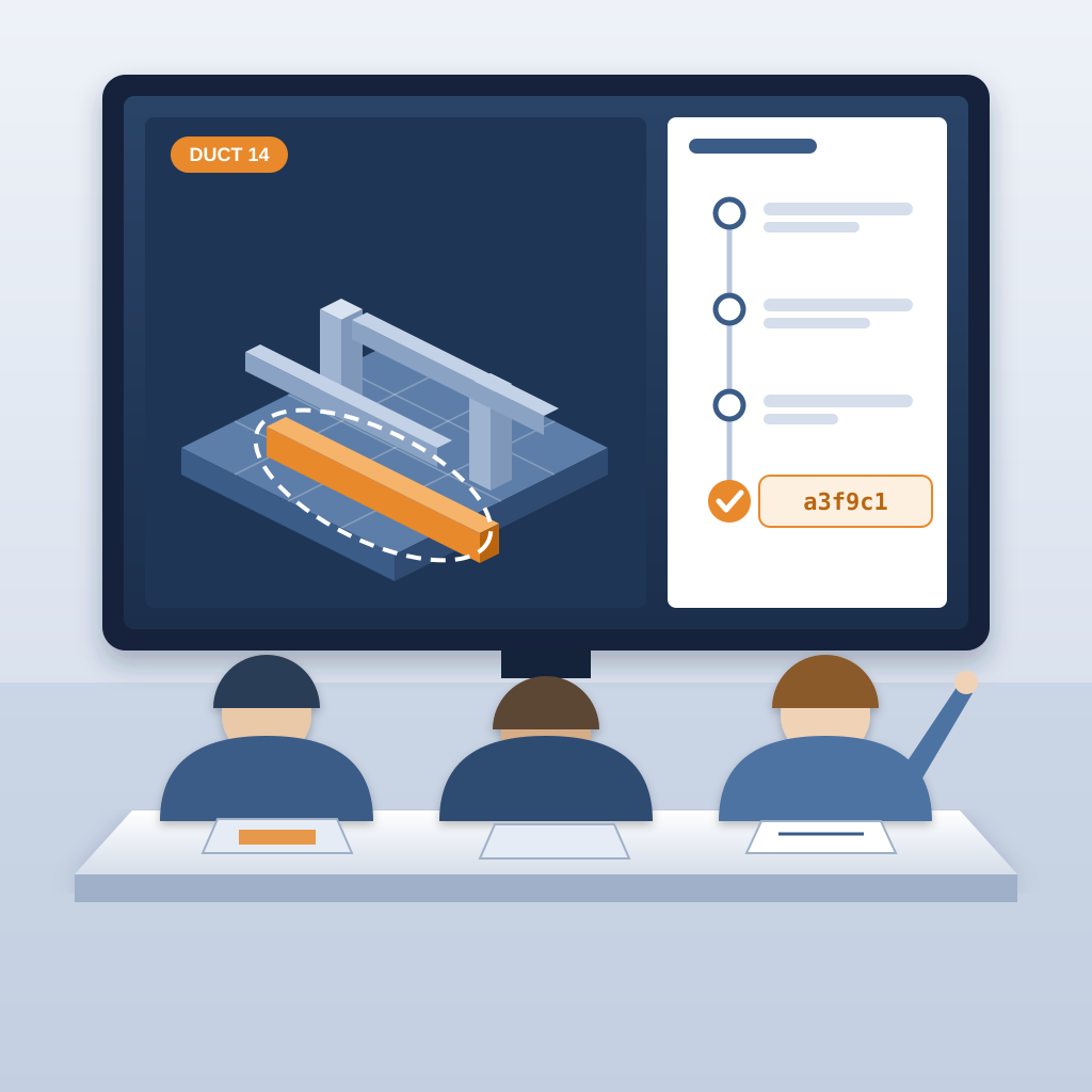 A coordination meeting where three people face a wall screen showing a 3D building model with one highlighted duct and a commit history card ending in a checked