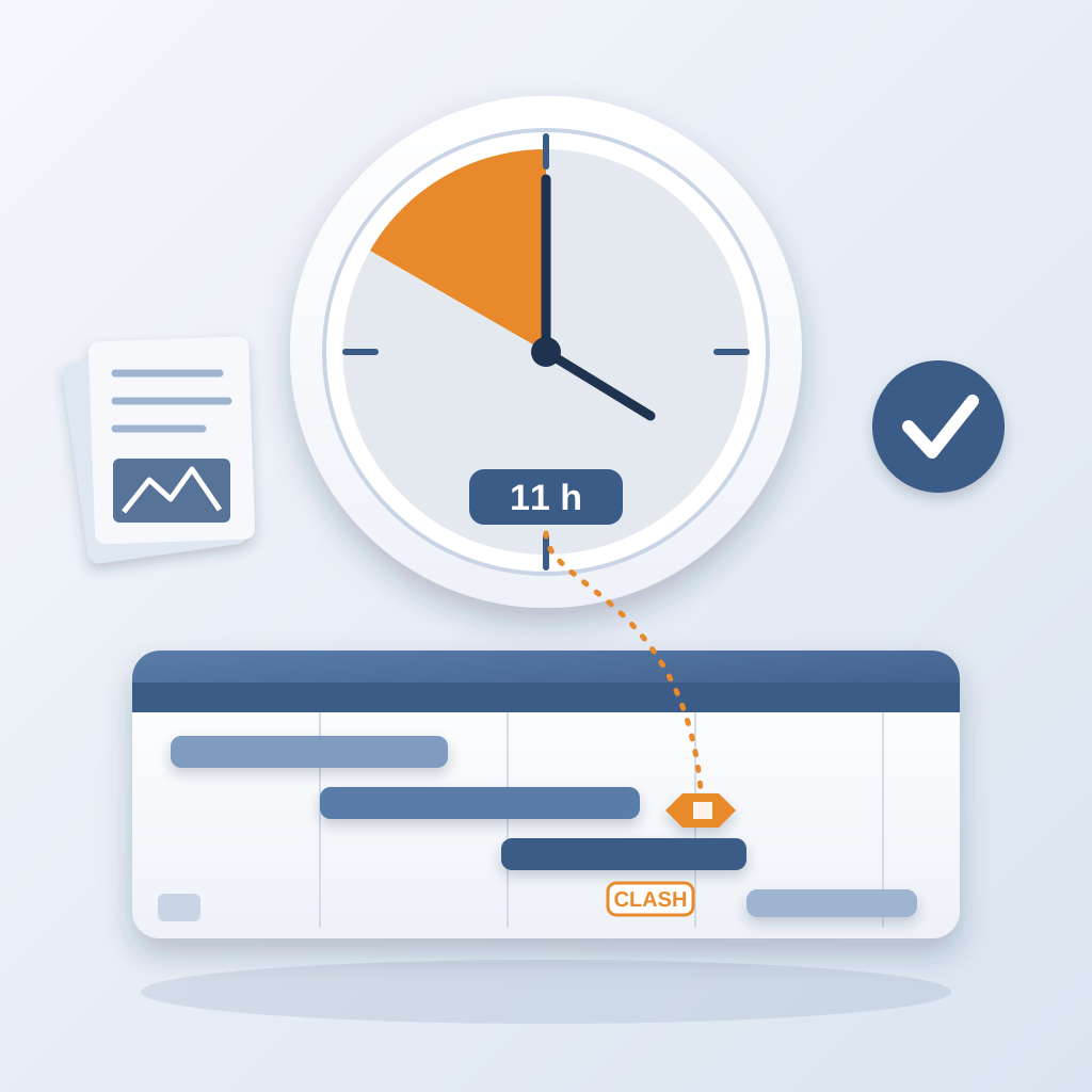 A large clock with an orange wedge labeled 11 h points down to a project schedule board where a highlighted clash blocks a bar, beside coordination papers and a