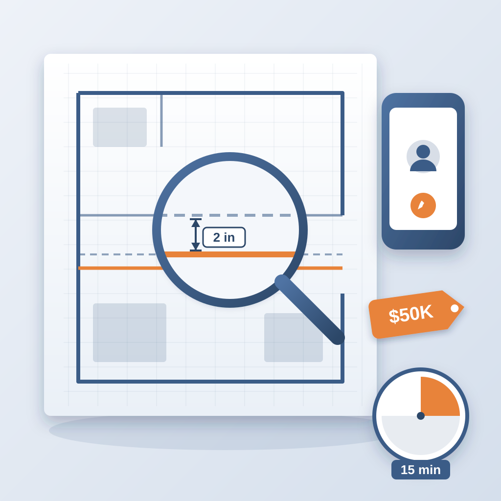 A floor-plan drawing with one wall line shifted two inches, magnified in a lens, beside a phone call to the designer, a $50K price tag and a clock showing a sho