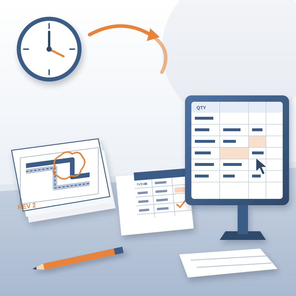A desk piled with a marked-up revision drawing set, a door schedule table and a monitor showing a pricing spreadsheet, with a clock and looping arrow showing ho