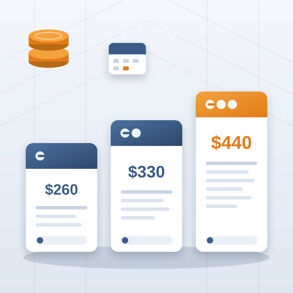 Three rising pricing cards showing $260, $330 and $440 licence prices, with a stack of coins and a calendar beside them.