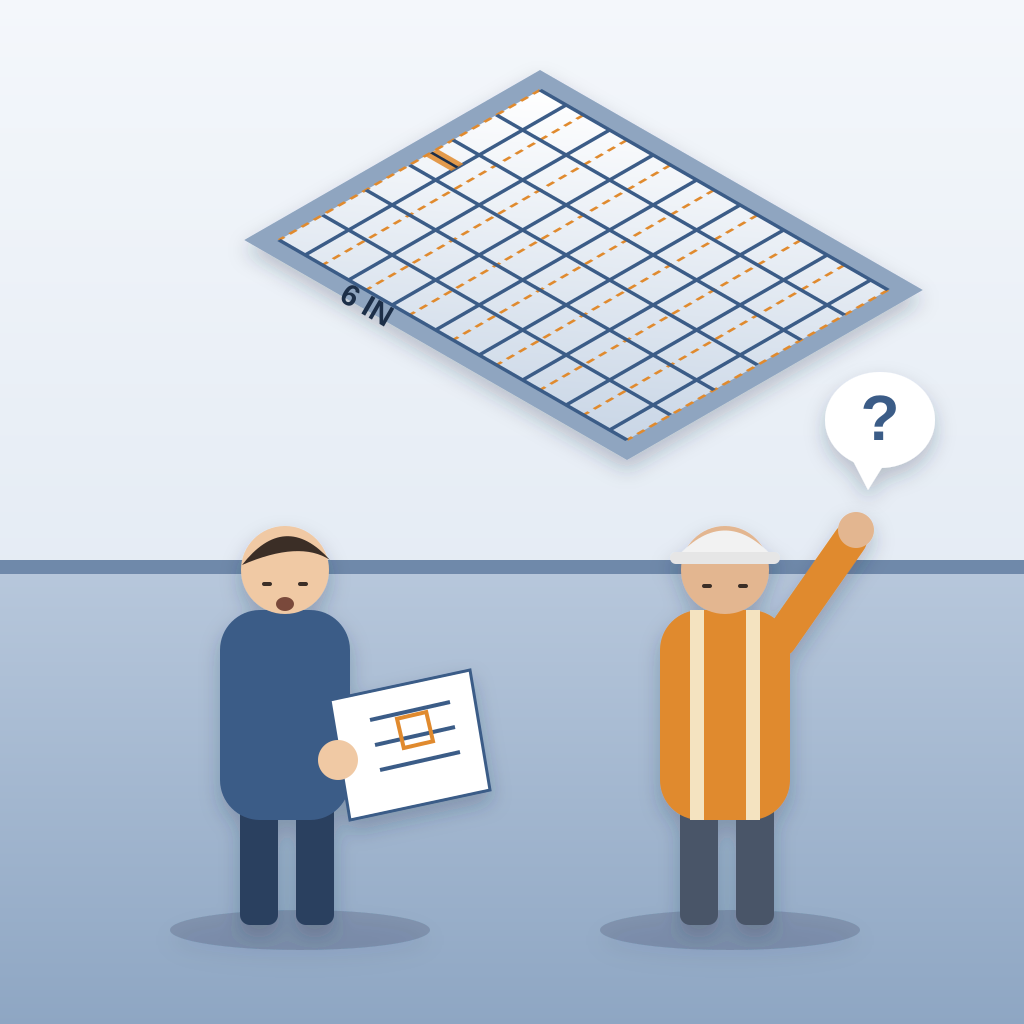 An isometric ceiling grid with an orange dashed original layout and a blue grid shifted 6 inches, while a drywall sub points up with a question and a project ma