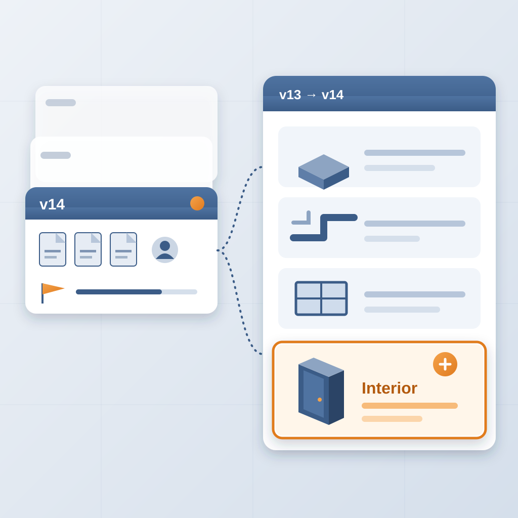 A versioned snapshot card with files, author avatar and milestone flag links to a change list grouped into structural, MEP, envelope and interior, with a new do