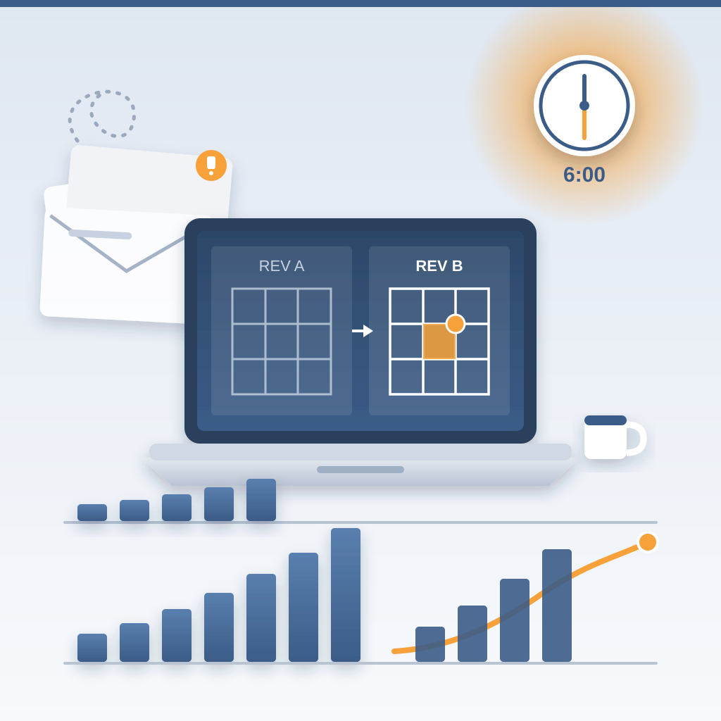 A laptop shows two building elevation revisions side by side with the changed bay highlighted in orange, beside a 6:00 clock and a faded pile of emails, above r