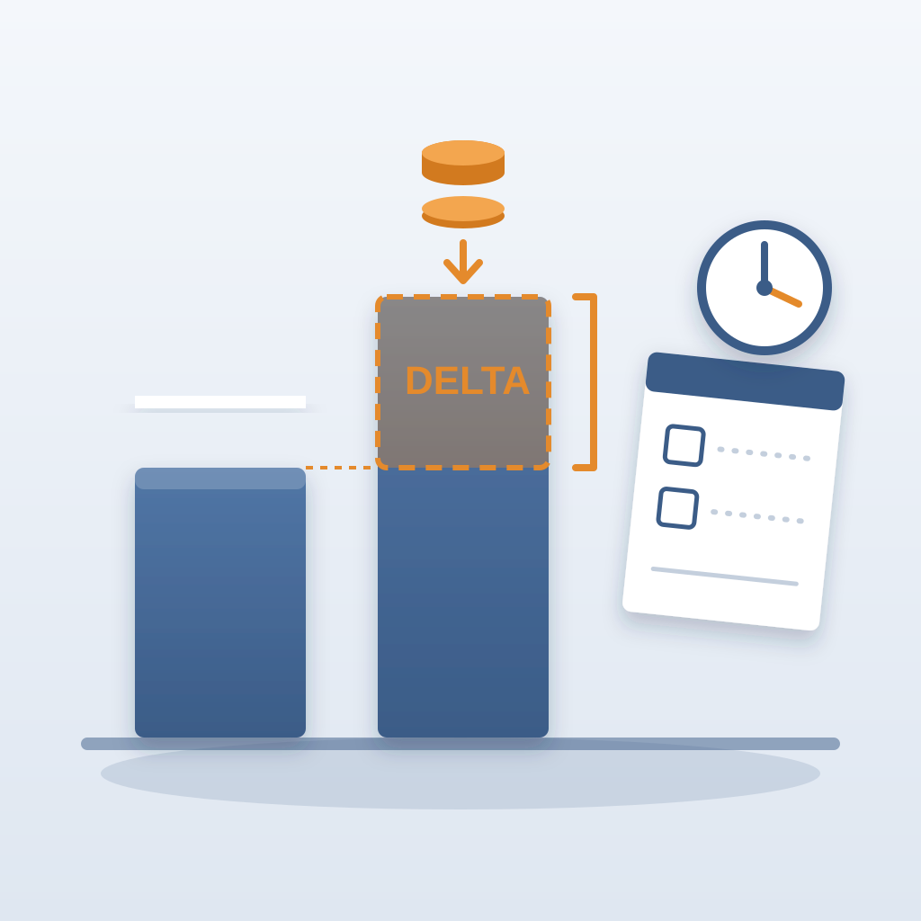 Bar chart where a repriced bid towers over the original, its extra delta block outlined in orange as coins drop into it, beside a blank unticked change order an
