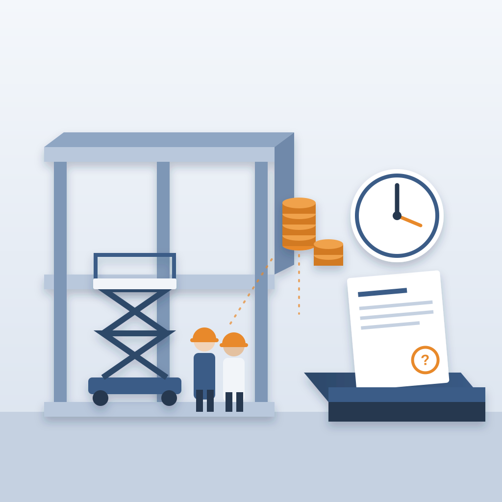 Idle construction workers and a parked scissor lift beside an unfinished building frame, while an unanswered question sheet sits in an inbox tray under a tickin