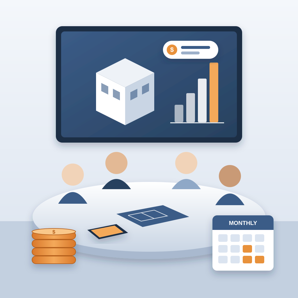 Illustration of a walkthrough meeting around a table with a blueprint, a wall screen showing a building model, a price bar chart and cost tag, plus a monthly fe