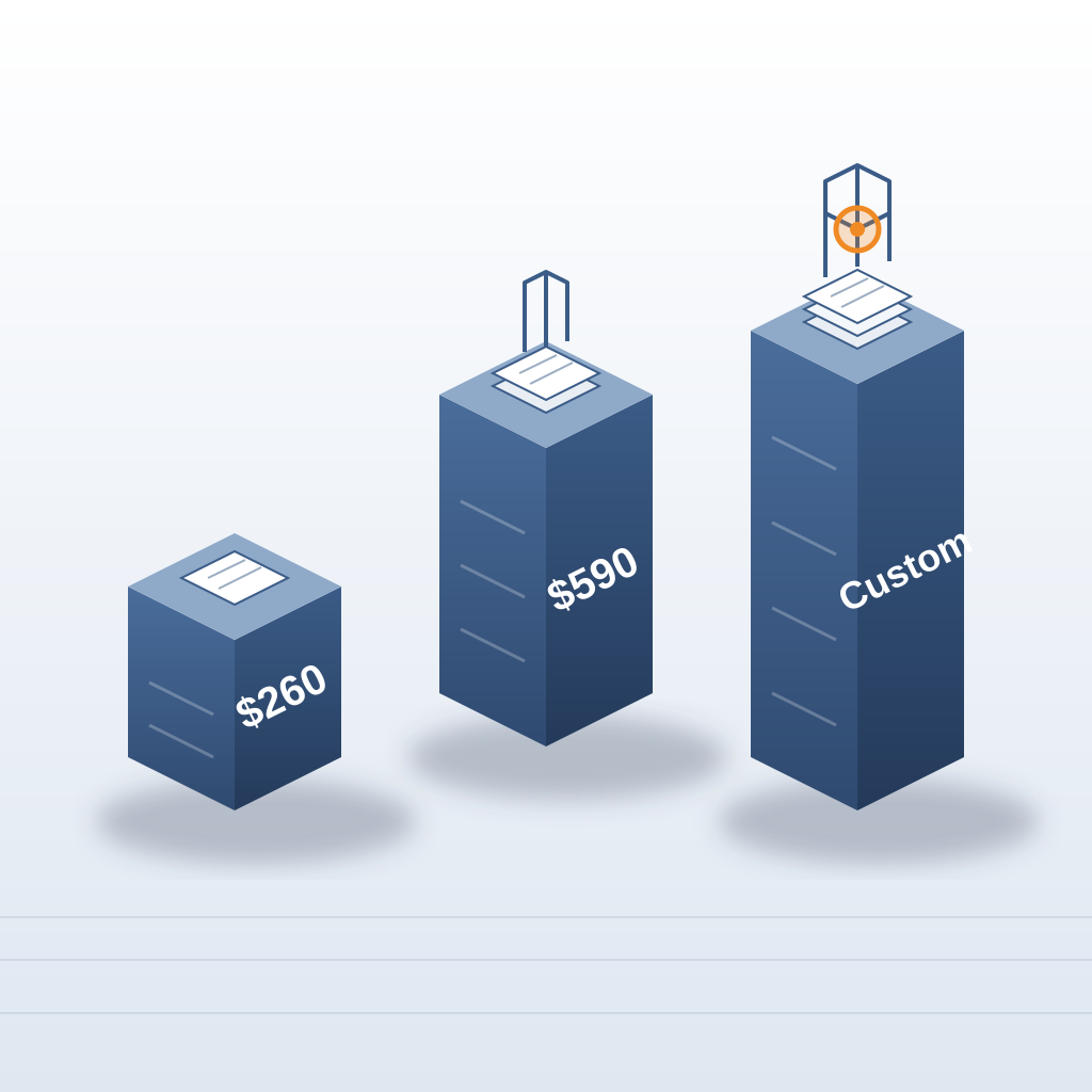 Three ascending isometric blocks showing pricing tiers at $260, $590 and custom, topped with document stacks and a wireframe building with one orange clash mark