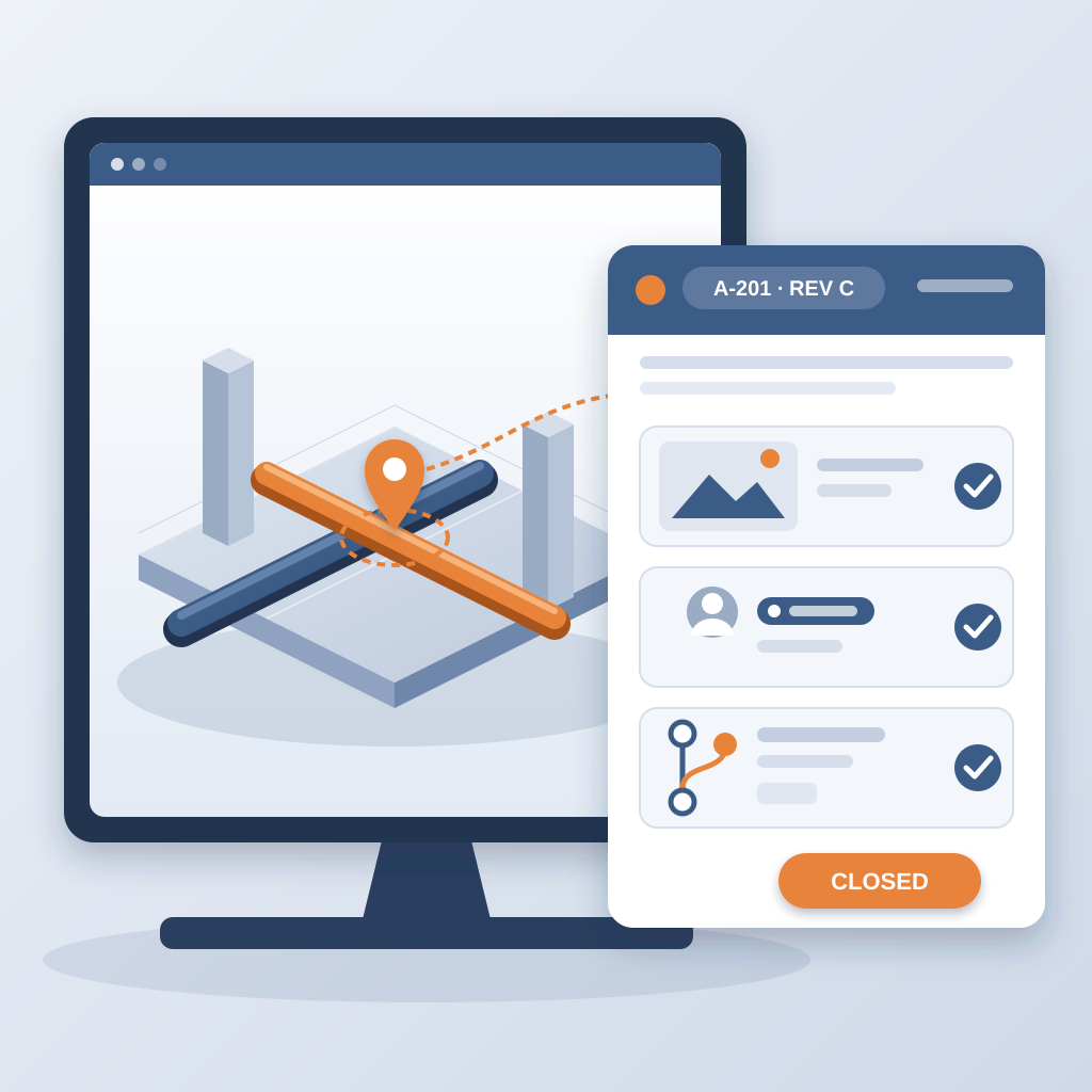 A Revit-style 3D model view with a blue duct clashing with an orange pipe and a pin on the clash, linked to an issue card showing sheet and revision, a screensh