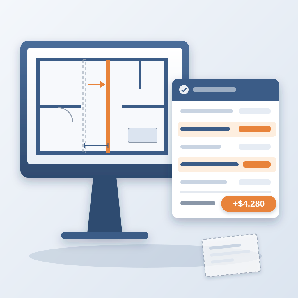 A monitor shows a floor plan with a wall dragged from a dashed old position to a new orange one, beside a cost card where two re-priced line items are highlight