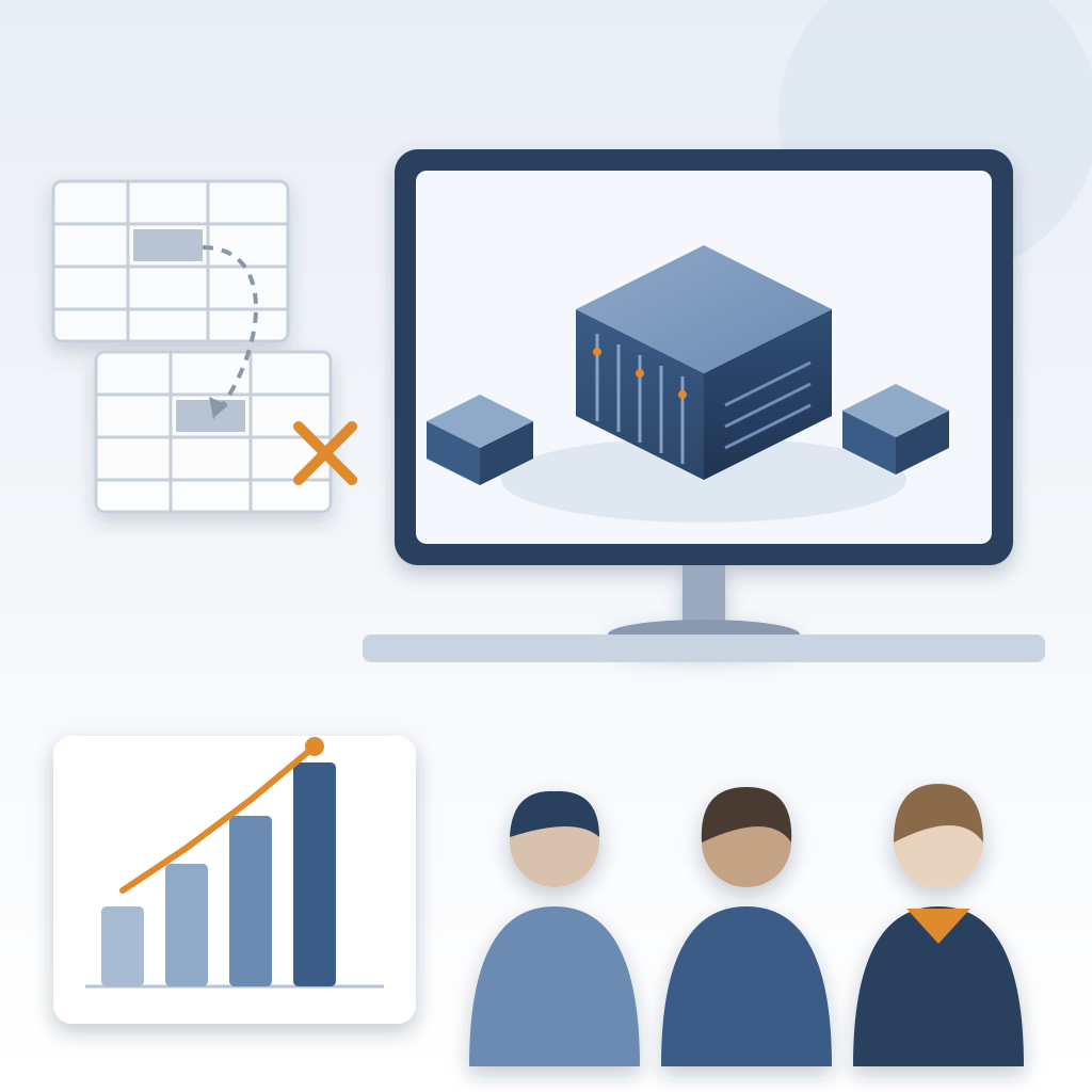 A data center 3D model on an estimator's monitor, a crossed-out copy-paste between spreadsheets at left, and a rising bar chart above a row of three team member