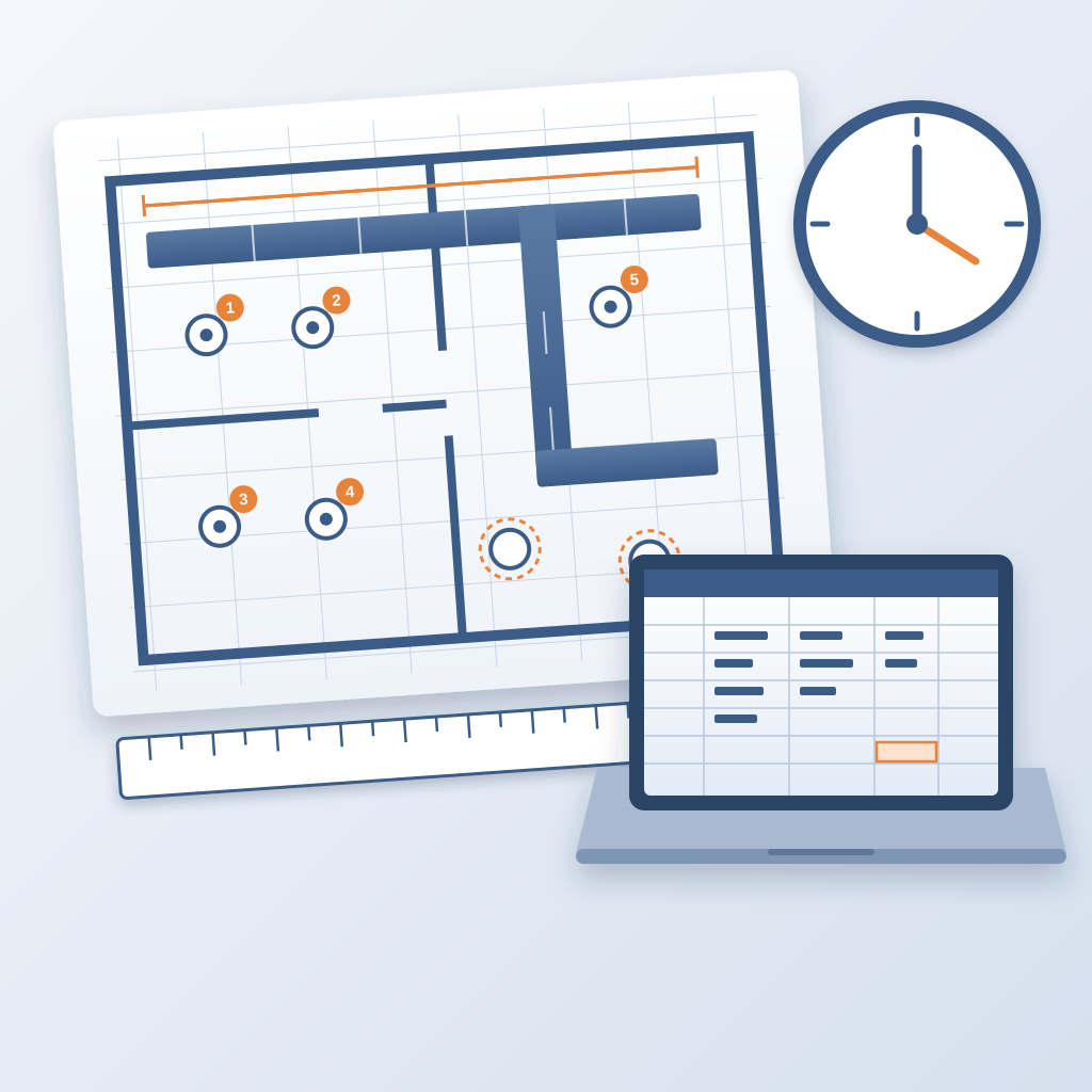 A floor-plan drawing with a duct run and counted light fixtures, a ruler and a laptop showing a spreadsheet, beside a large clock to show how slow manual takeof