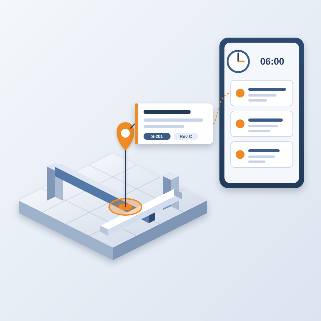 An isometric building model with a duct clashing with a steel beam, marked by an orange pin and a tag showing sheet and revision, linked to a 6am digest panel l