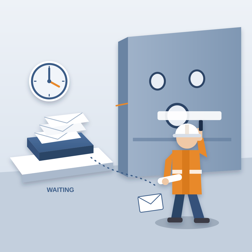 A pile of unread envelopes sits in an inbox tray beside a clock while a construction worker in a hard hat and orange vest, on the phone with plans in hand, walk