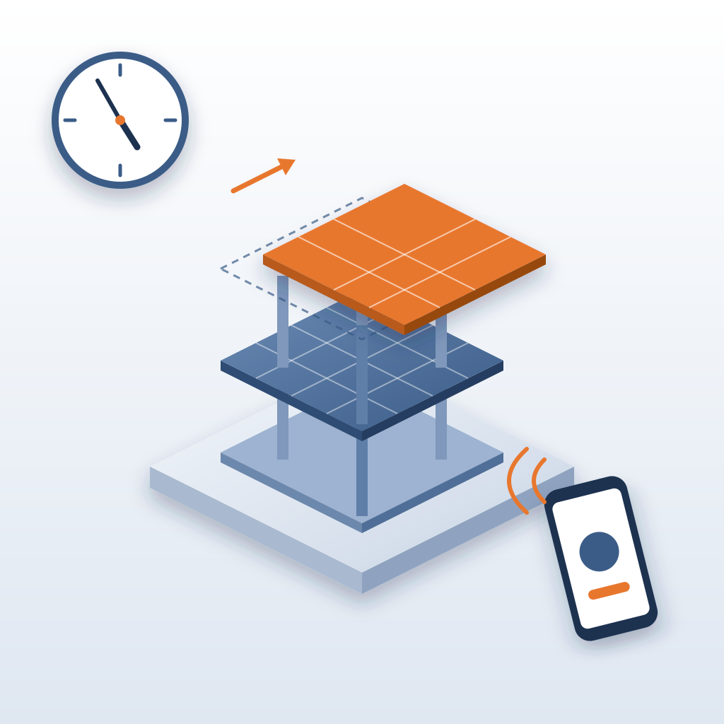 An isometric three-storey structural model whose top slab, shown in orange, has shifted off its dashed original outline, with a wall clock at 4:55 and a ringing