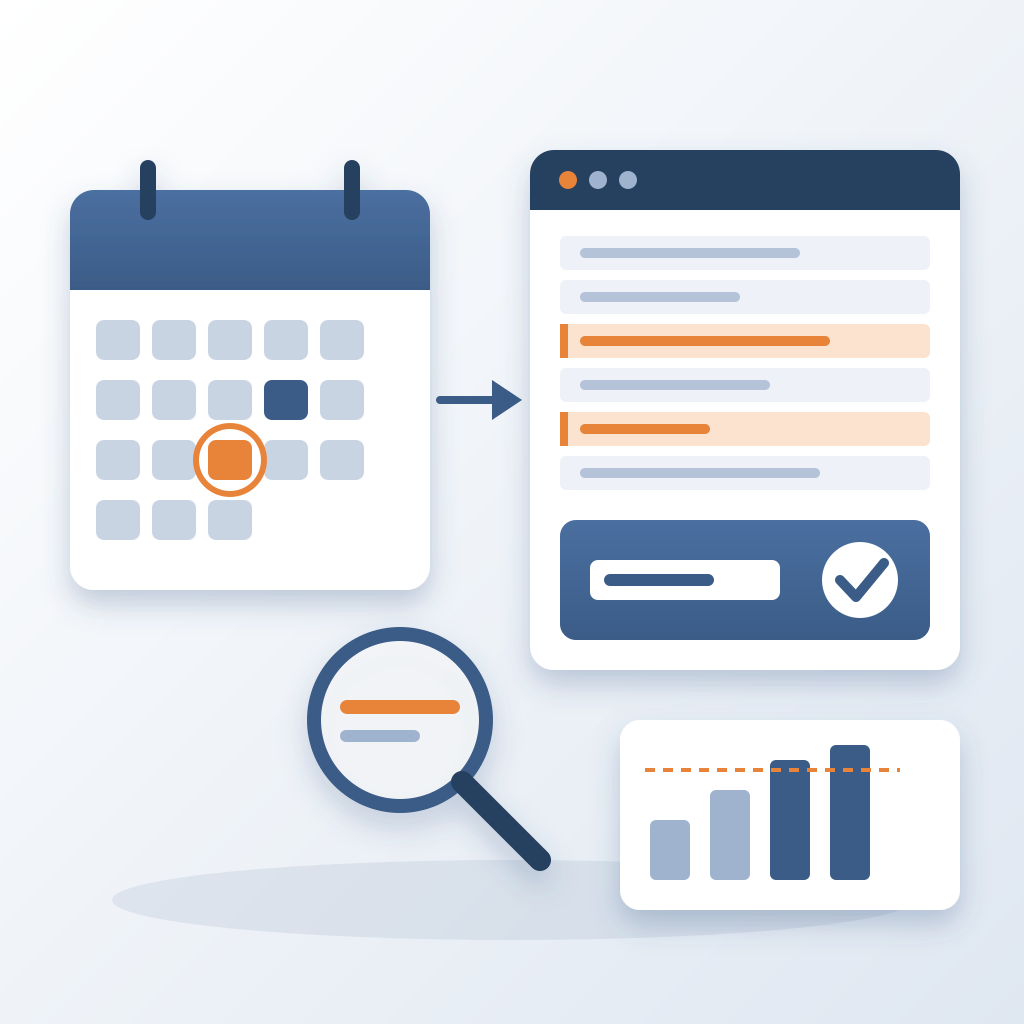 A calendar with one date circled points to a model diff panel with two changed lines highlighted and a check mark, with a magnifier and a bar chart beside it.