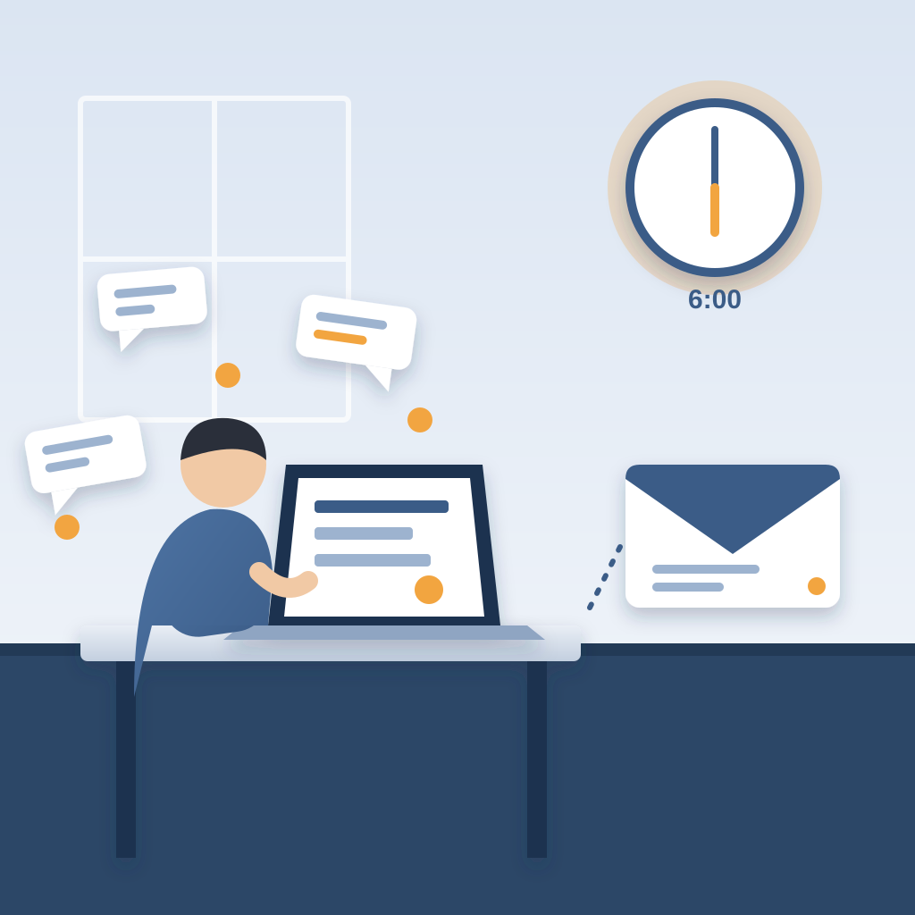 A tired team member at a desk at dawn is surrounded by scattered chat messages beside a 6:00 clock, while one single tidy email envelope sits ready to replace t