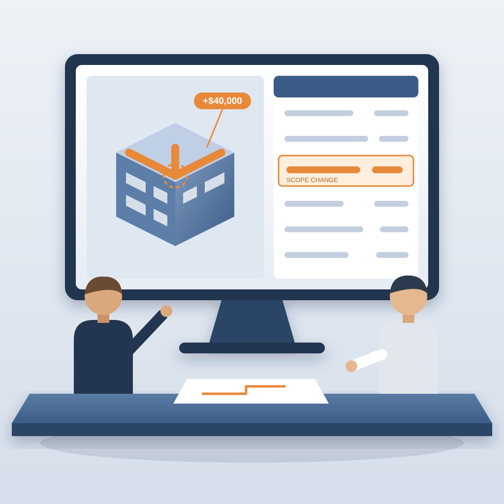 A contractor and an architect sit at a table before a large monitor showing a 3D building model with an orange duct run flagged "+$40,000" and a highlighted sco