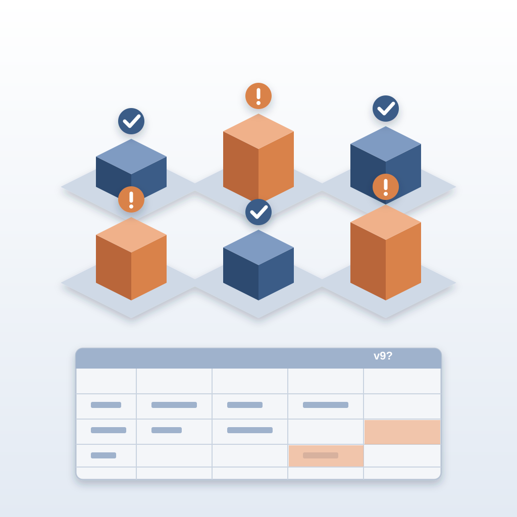 Six isometric building models, some marked with blue checks as reconciled and others with orange warnings, above a faded, out-of-date spreadsheet.