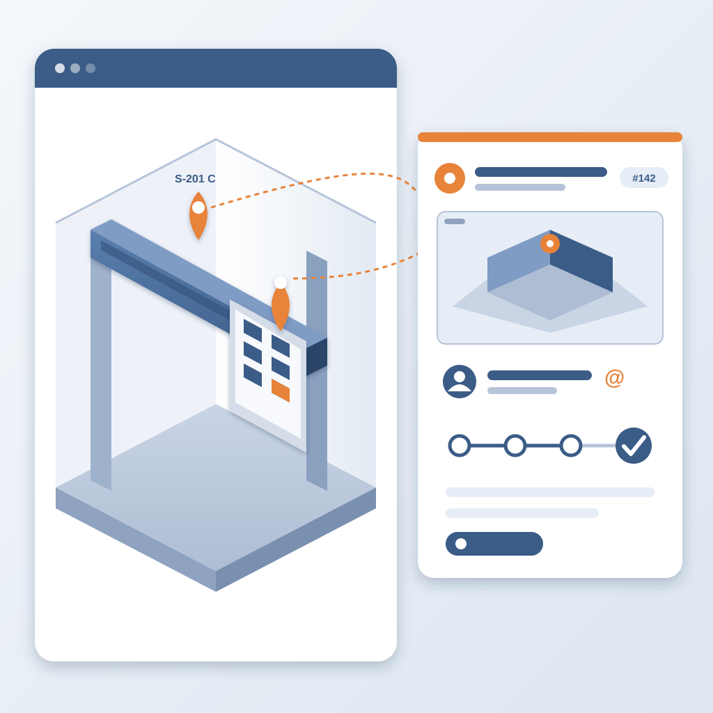 An isometric building model with a structural beam and a breaker panel each pinned with an orange marker, linked to an issue card showing a screenshot, a tagged
