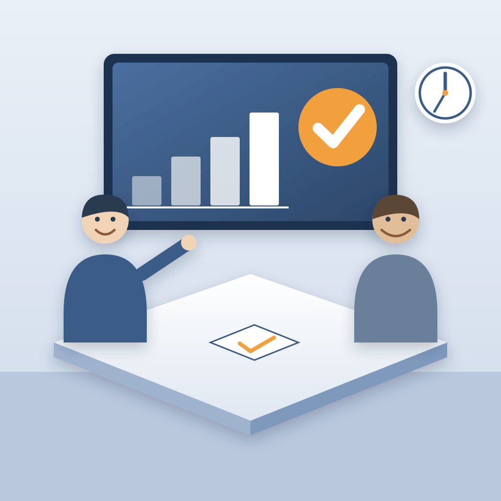 A presenter points at a wall screen showing a rising bar chart and a check mark while a smiling client across the table nods, with a clock on the wall.