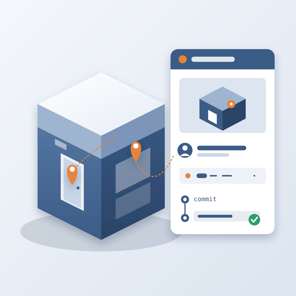 Isometric building model with orange issue pins on a door and window, linked to a closed-issue card showing a screenshot, a tagged user, a commit and a green ch