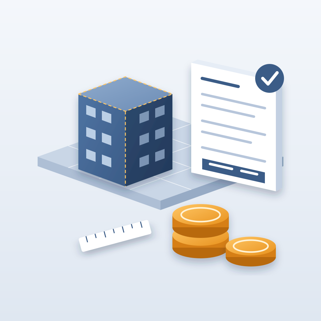 An isometric blue BIM building model beside an estimate document with a check badge, with stacks of gold coins in front showing expertise being billed for.
