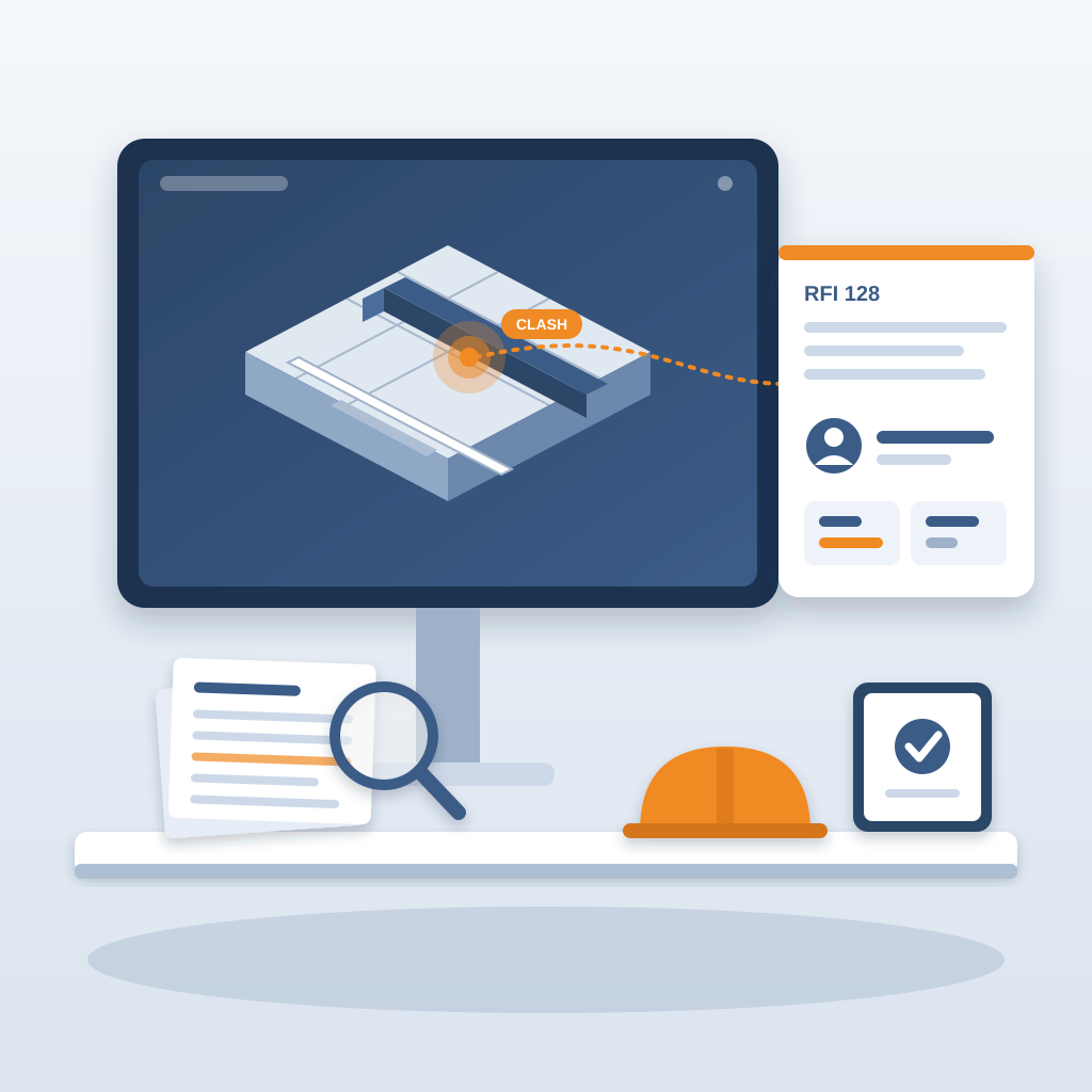 A BIM model on a monitor with a duct-and-beam clash flagged in orange, linked to an RFI card with an assigned owner, beside project records under a magnifier, a